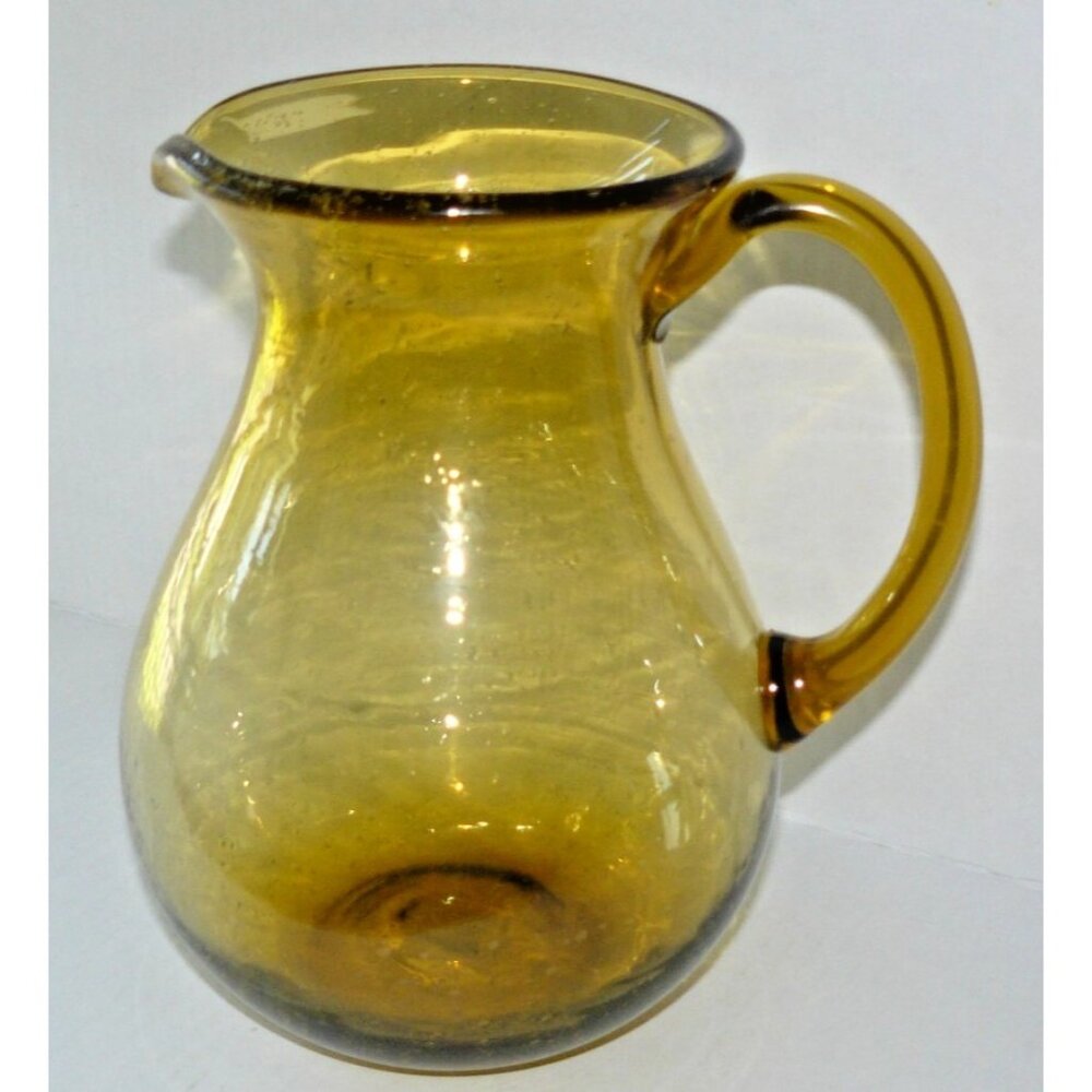 Rare Blenko Style MCM Art Glass Crackled Amber Pitcher Jug Applied Handle Vintag